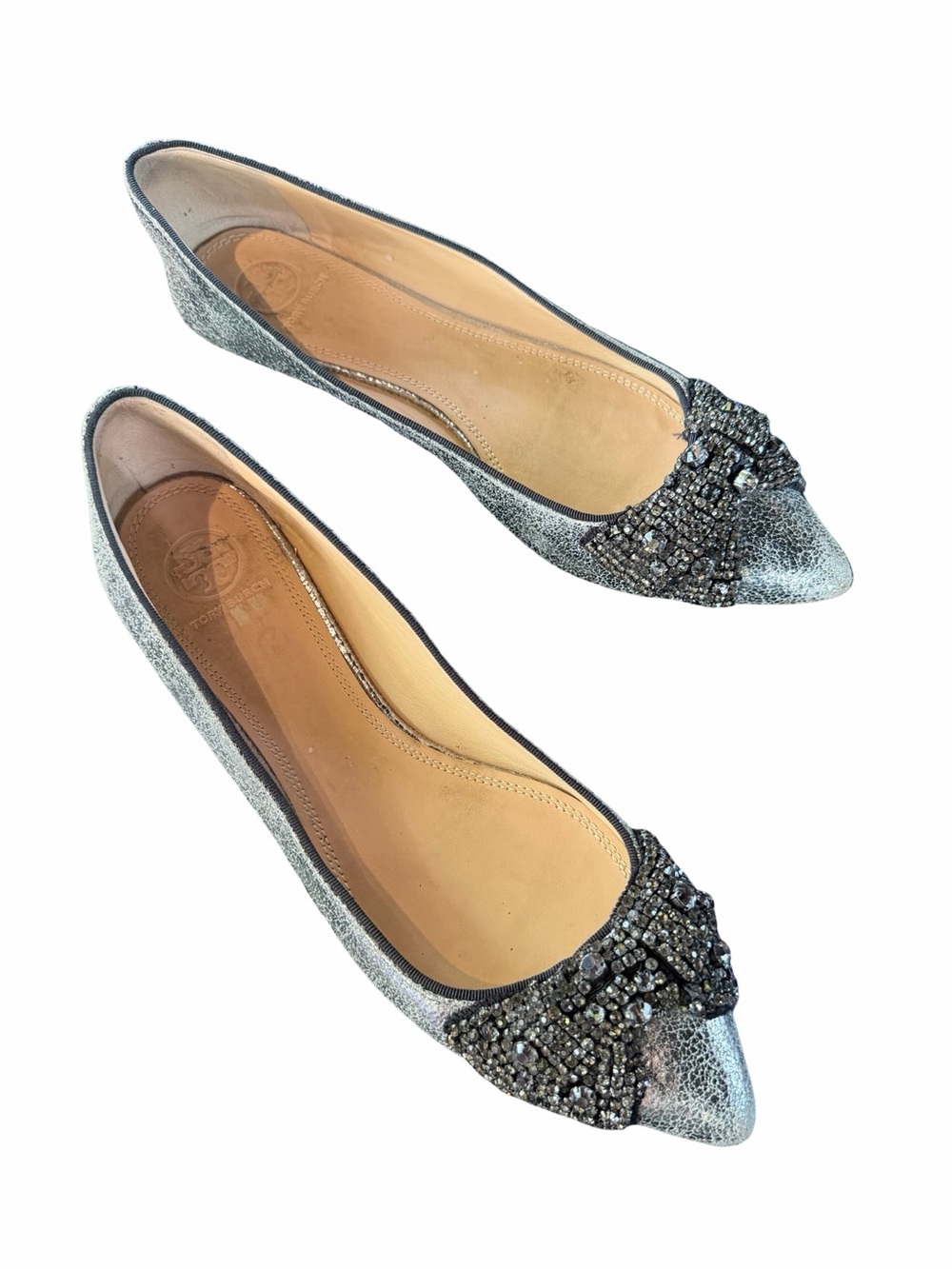 Tory Burch Vanessa Metallic Silver Pointed Toe Crystal Bow Ballerina Flat Size 9 - Picture 3 of 11